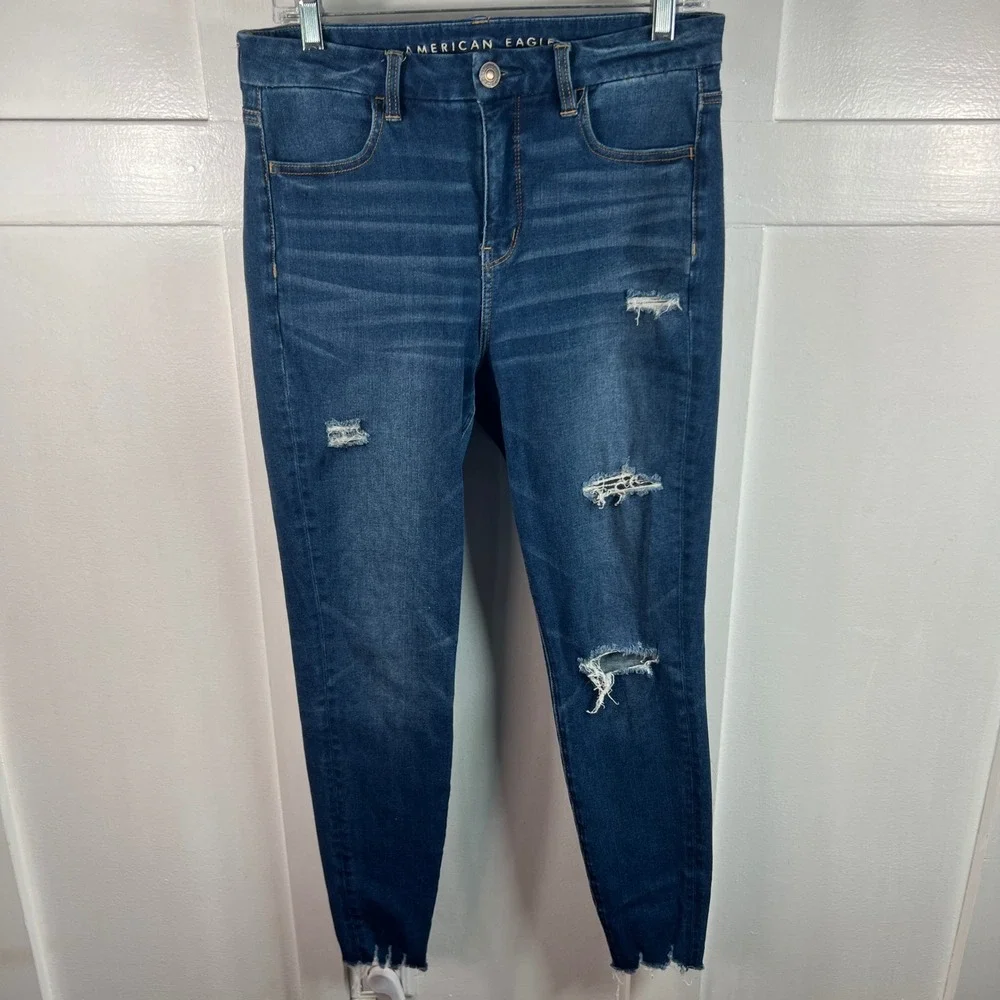 American Eagle High Waisted Skinny Distressed Jeans Dark Wash 8 Regular